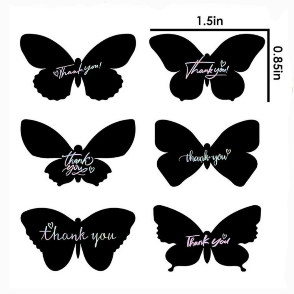 50 THANK YOU Stickers Black Holographic Butterfly 6 Designs Rainbow Foi…